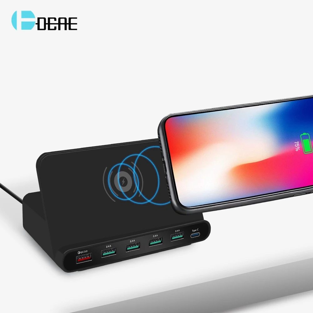 DCAE 10W Qi Wiressless Fast Charger Quick Charge 3.0 QC Type C PD Multi USB Desktop Charger Power Adapter HUB Charging Station
DCAE 10W Qi Wiressless Fast Charger Quick Charge 3.0 QC Type C PD Multi USB Desktop Charger Power Adapter HUB Charging Station