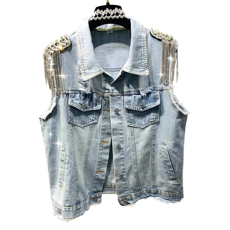 Fashion Rhinestone Tassel Epaulet Denim Female Vest High Quality Loose Hole Summer Women's Sleeveless Jacket Coat Korean Outwear
Fashion Rhinestone Tassel Epaulet Denim Female Vest High Quality Loose Hole Summer Women's Sleeveless Jacket Coat Korean Outwear