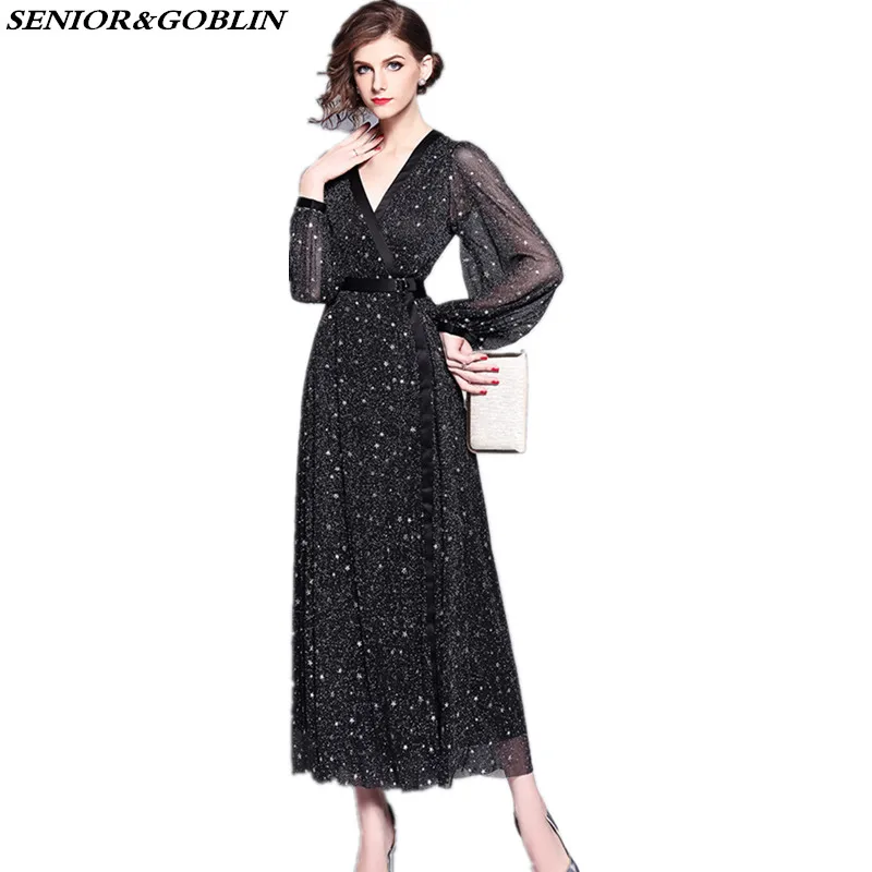 2019 Spring Runway Women Fashion Black Mesh Long Dress Summer Elegant Sequined Stars Sexy V Neck Fairy Casual Boho Dress vestido
2019 Spring Runway Women Fashion Black Mesh Long Dress Summer Elegant Sequined Stars Sexy V Neck Fairy Casual Boho Dress vestido