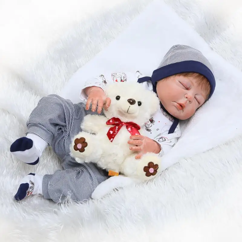 57cm lifelike Full Body Silicone Reborns boy Sleeping Dolls with bear plush toy 22 Inch Baby Bath Toys for Girls Gift Brinquedos
57cm lifelike Full Body Silicone Reborns boy Sleeping Dolls with bear plush toy 22 Inch Baby Bath Toys for Girls Gift Brinquedos