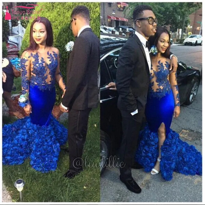 New Royal Blue African Prom Dresses Sheer Long Sleeves Mermaid Ruffles Arabic Split Black Girl Evening Pageant Gowns DQG805
New Royal Blue African Prom Dresses Sheer Long Sleeves Mermaid Ruffles Arabic Split Black Girl Evening Pageant Gowns DQG805