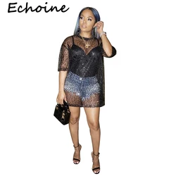 Echoine Повседневная футболка Femme блестящий черный цвет Прозрачные топы женские летние топы 2019
