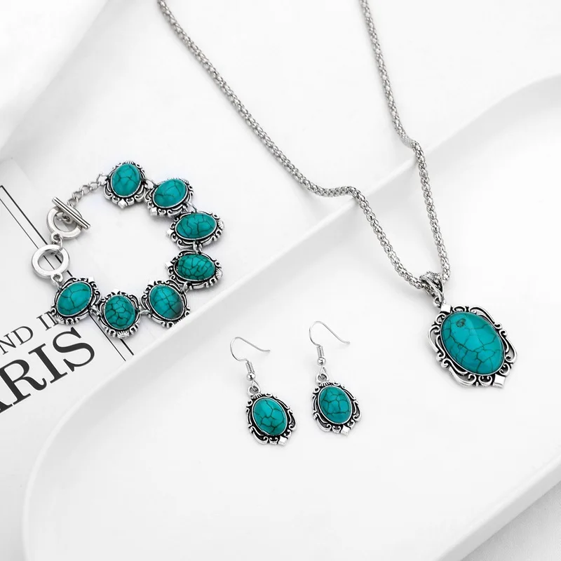 Vintage Silver Turquoises Pendant Necklace Fashion Geometry Natural Stone Necklaces Earring Bratelet for Women Boho Jewelry Sets
Vintage Silver Turquoises Pendant Necklace Fashion Geometry Natural Stone Necklaces Earring Bratelet for Women Boho Jewelry Sets