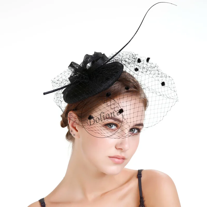 

Lady Fedoras Hat Female Hemp Yarn Feather Veil Fedoras Cap Girls Wedding Headwear Hair Accessories Hemp Yarn Hat B-8301
