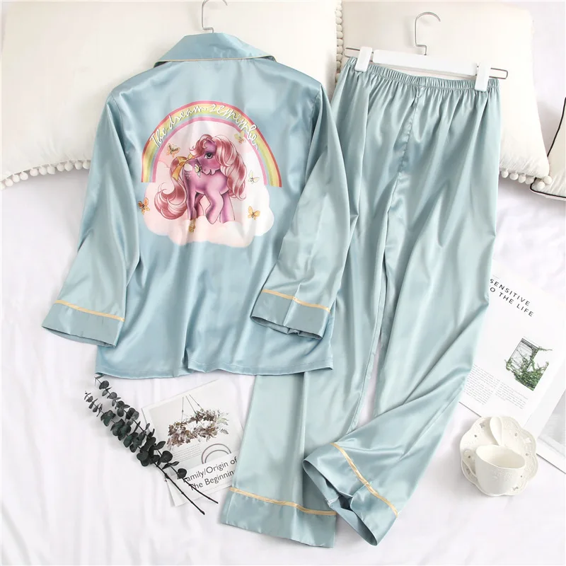2019 Printing Fashion Woman Sexy Ice Silk Long Sleeve Trousers Twinset Pajamas Summer Cardigan Thin Section Sleepwear
2019 Printing Fashion Woman Sexy Ice Silk Long Sleeve Trousers Twinset Pajamas Summer Cardigan Thin Section Sleepwear