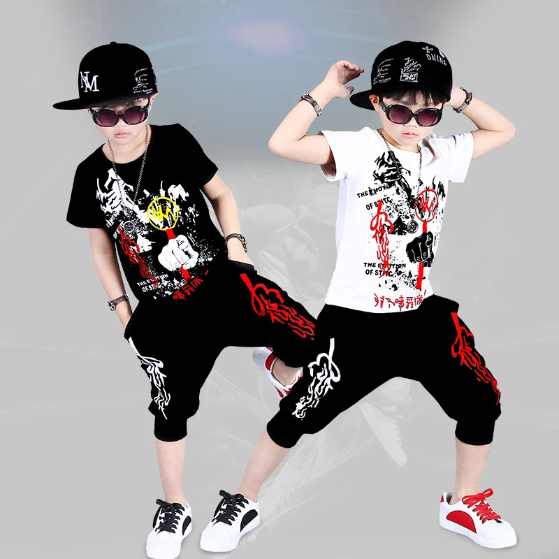 

Boys Street Dancing Clothing Set Hip Hop Style Children's Short Sleeve T-shirt + Harem Pants Twinset Kids Sports Tracksuit X396