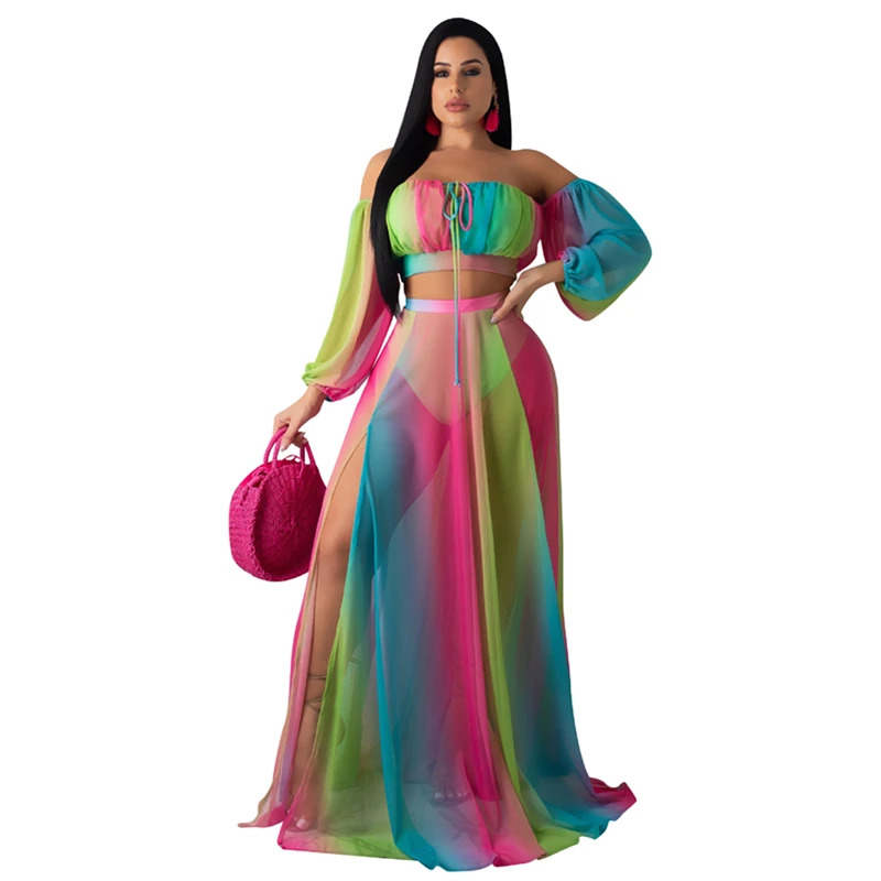 Women Two Piece Outfits Crop Top And Hight Slit Skirt Sexy Off Shoulder Rainbow Color Mesh Sets Casual Holiday See Though Outfit
Women Two Piece Outfits Crop Top And Hight Slit Skirt Sexy Off Shoulder Rainbow Color Mesh Sets Casual Holiday See Though Outfit