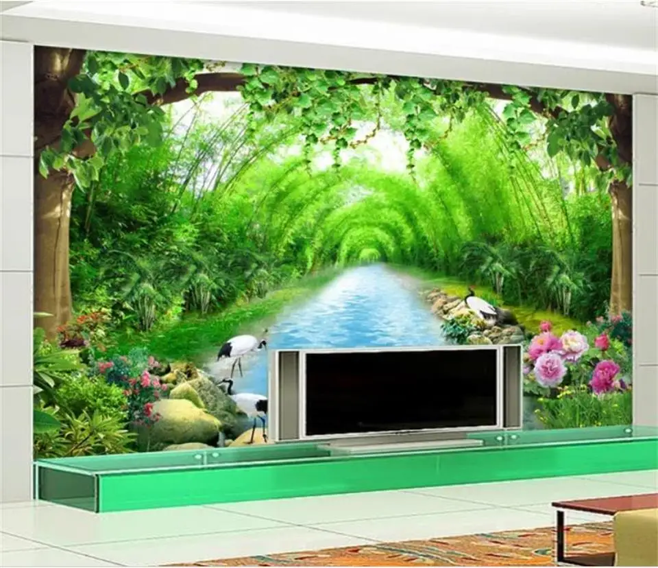 Фото 3d фотообои на заказ настенные для гостиной дивана фона телевизора бамбуковый лес