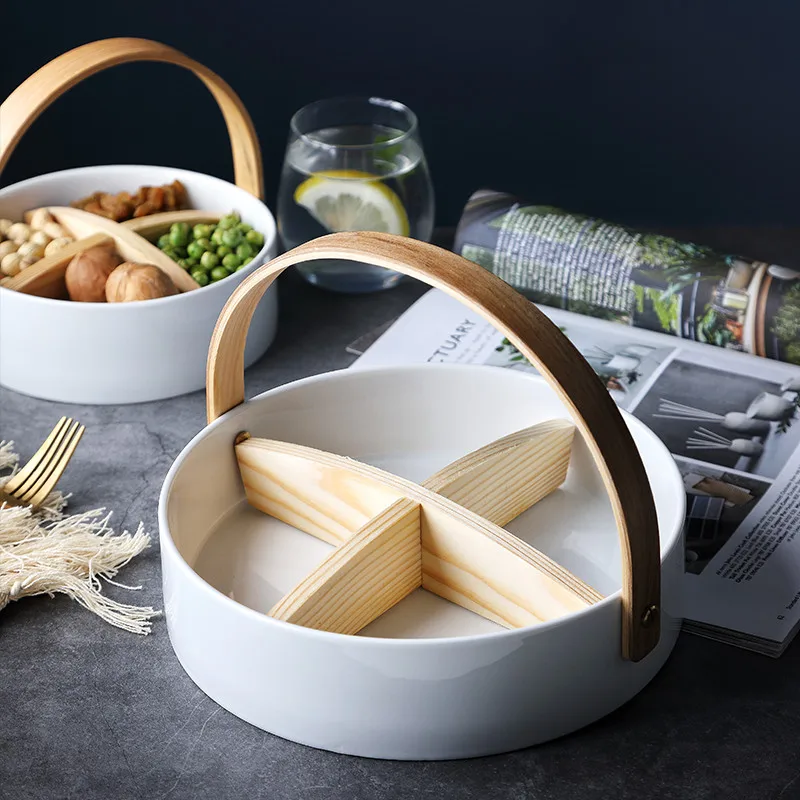 Ceramic Plate with Wood Handle Divided Grid for Fruit/Snacks/Nuts Japan Style Storage Tray Home Tableware Round Kitchenware
Ceramic Plate with Wood Handle Divided Grid for Fruit/Snacks/Nuts Japan Style Storage Tray Home Tableware Round Kitchenware