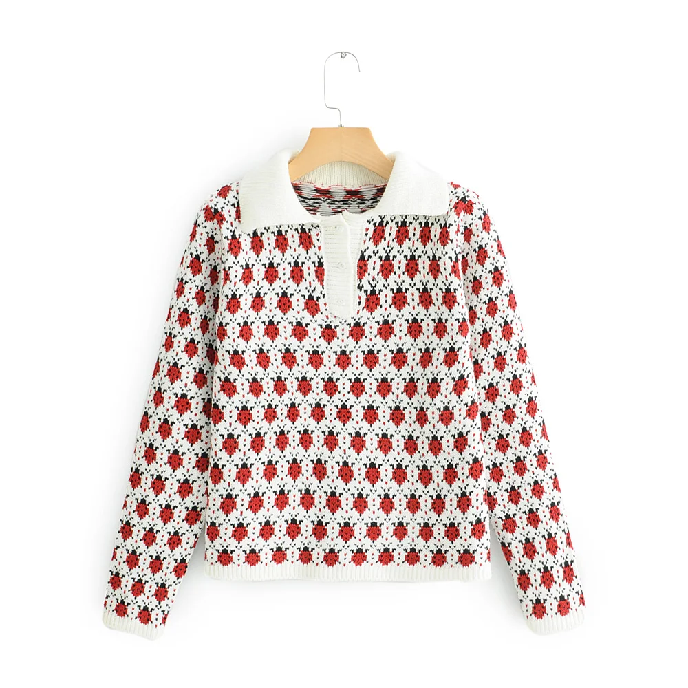 Women Jacquard knitted sweater Turn down collar Ladybug white collar short style pullovers button casual drop shipping SML
Women Jacquard knitted sweater Turn down collar Ladybug white collar short style pullovers button casual drop shipping SML