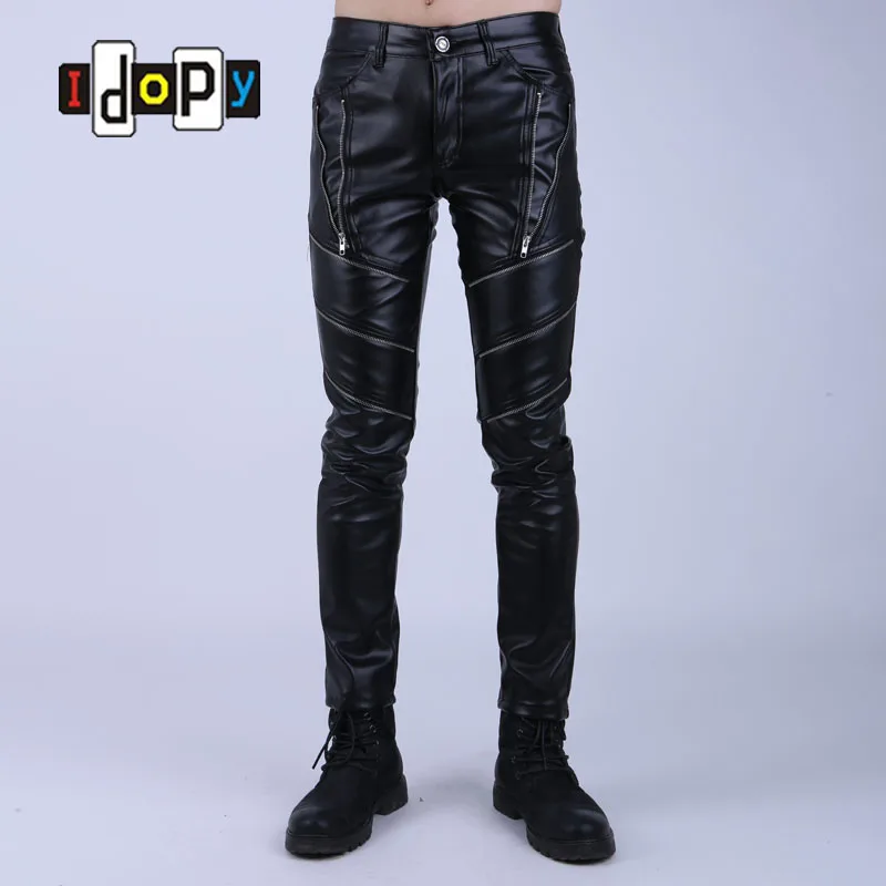 

Idopy Fashion Night Club DJ Swag Skinny Party Mens Faux Leather PU Tight Black Joggers Biker Pants For Men Boys With Zippers