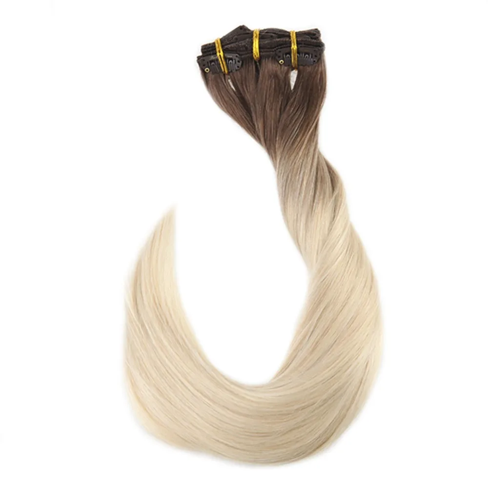 

Full Shine Double Weft Clip In Hair Extensions Brown Roots Ombre Color 7B Fading To 613 100g 10Pcs Balayage Hair Clip Ins