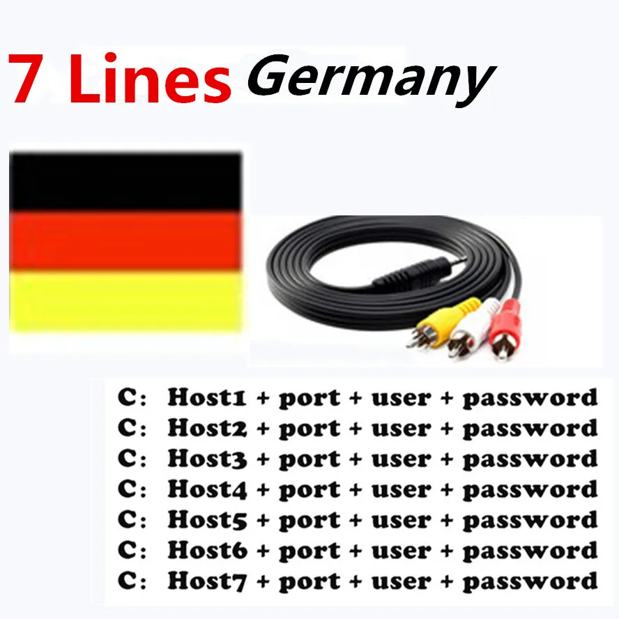 Special for Germany Europe 7 lines HD AV Cable for Satellite Receiver Cccam lines of 1 year DVB-S2 Europe clines for Free Sat
Special for Germany Europe 7 lines HD AV Cable for Satellite Receiver Cccam lines of 1 year DVB-S2 Europe clines for Free Sat