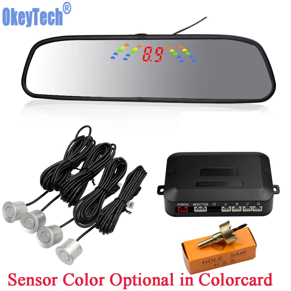 OkeyTech PZ306-W Wireless Parking Mirror 4 Sensor Digital Car Parking Radar System Buzzer LED Display Auto Parking Sensor Kit