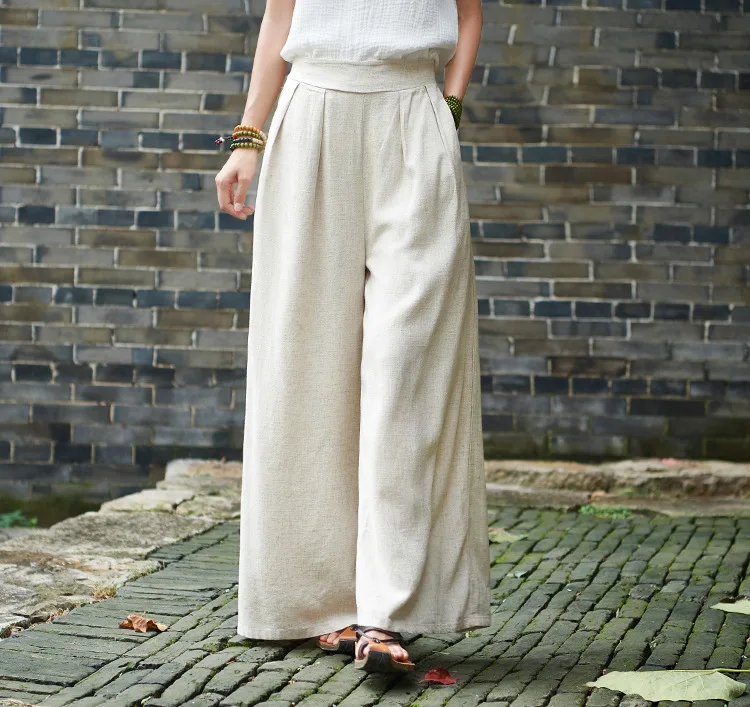LZJN 2019 Spring Summer Culottes Pants Vintage Cotton Linen Pants Loose Full Length Trousers Women Wide Leg Pants White 3 Colors (19)