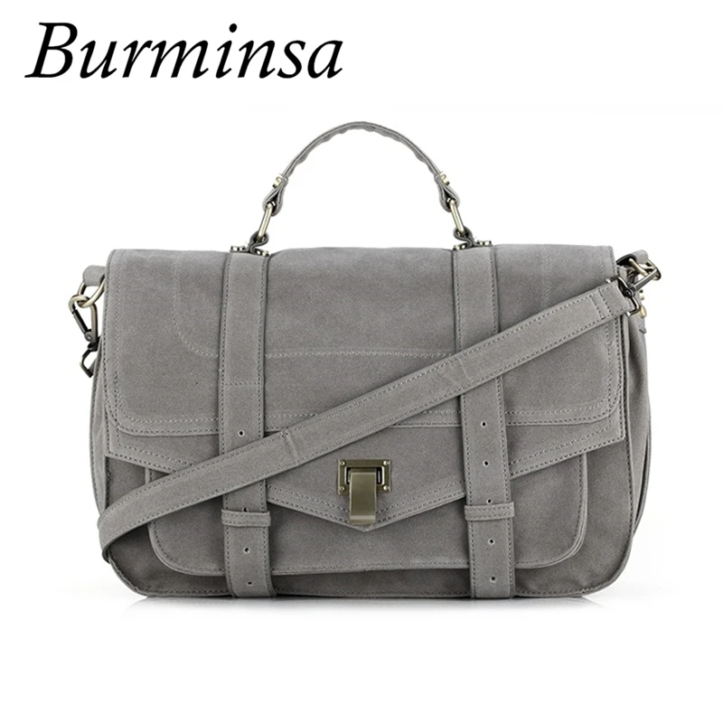 

Burminsa Suede Leather Satchel Women Messenger Bags Office Ladies Briefcase Retro Designer Handbags School Shoulder Bags 2019