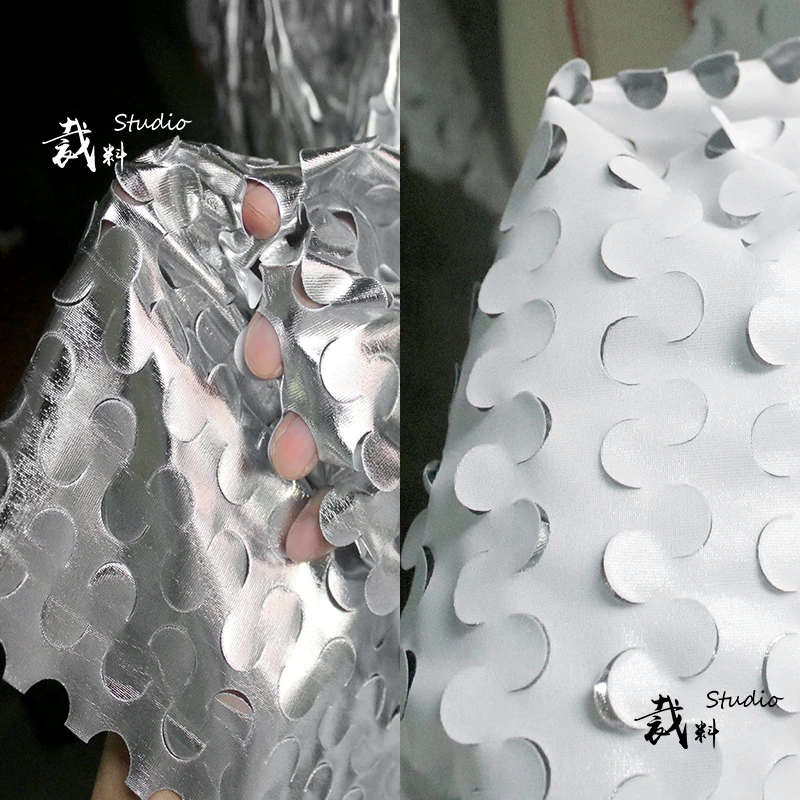 45cm*150cm/piece Creative round hole hollow-out bright silver tpu coating cloth metallic sense diy fabric designer
45cm*150cm/piece Creative round hole hollow-out bright silver tpu coating cloth metallic sense diy fabric designer