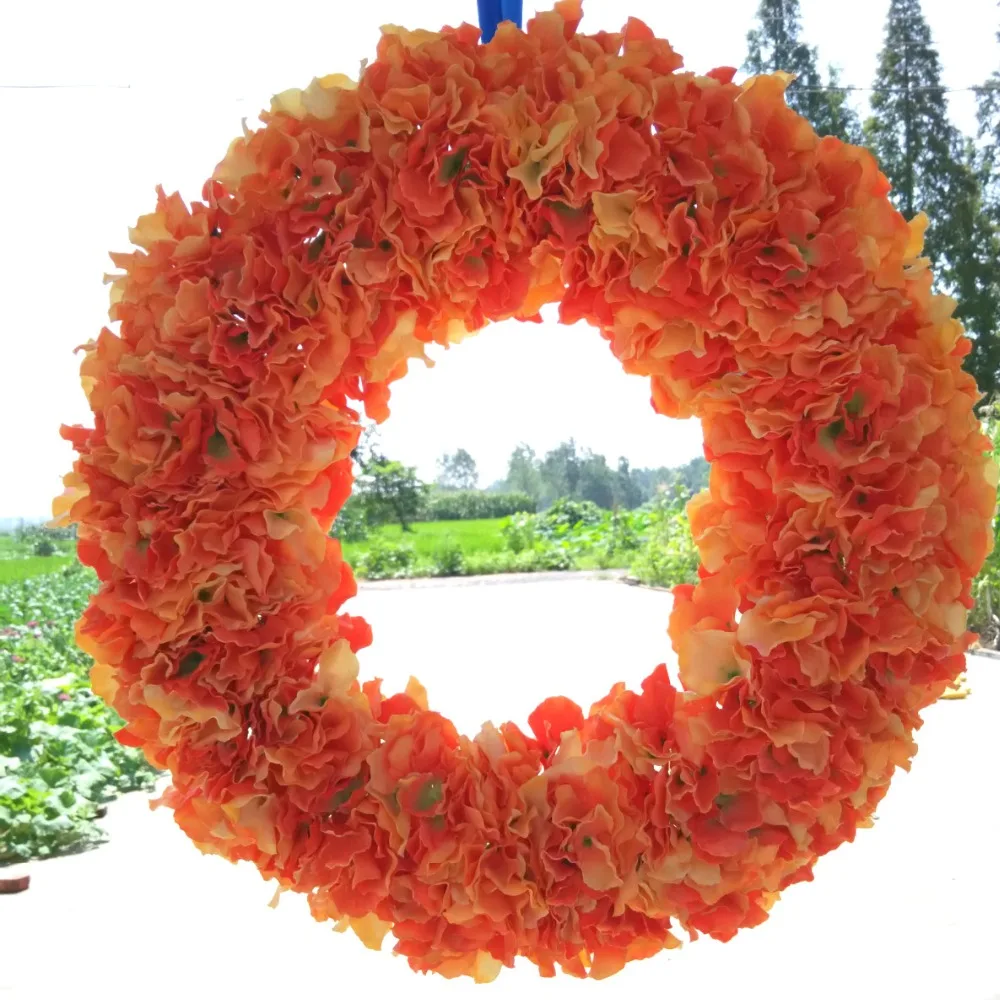 Image custom orange hydrangea wreaths,front door fall wreath 20 inches,wedding party birthday decoration flowers