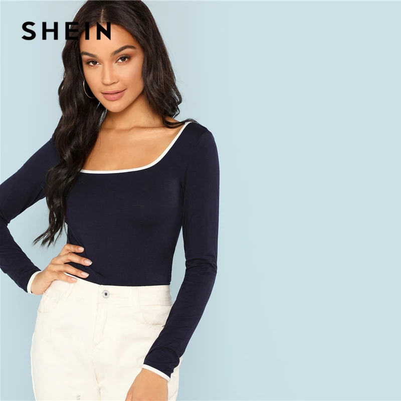 SHEIN Navy Office Lady Elegant Scoop Neck Ringer Long Sleeve Solid Pullovers Tee 2018 Autumn Casual Women T-shirt And Top
SHEIN Navy Office Lady Elegant Scoop Neck Ringer Long Sleeve Solid Pullovers Tee 2018 Autumn Casual Women T-shirt And Top
