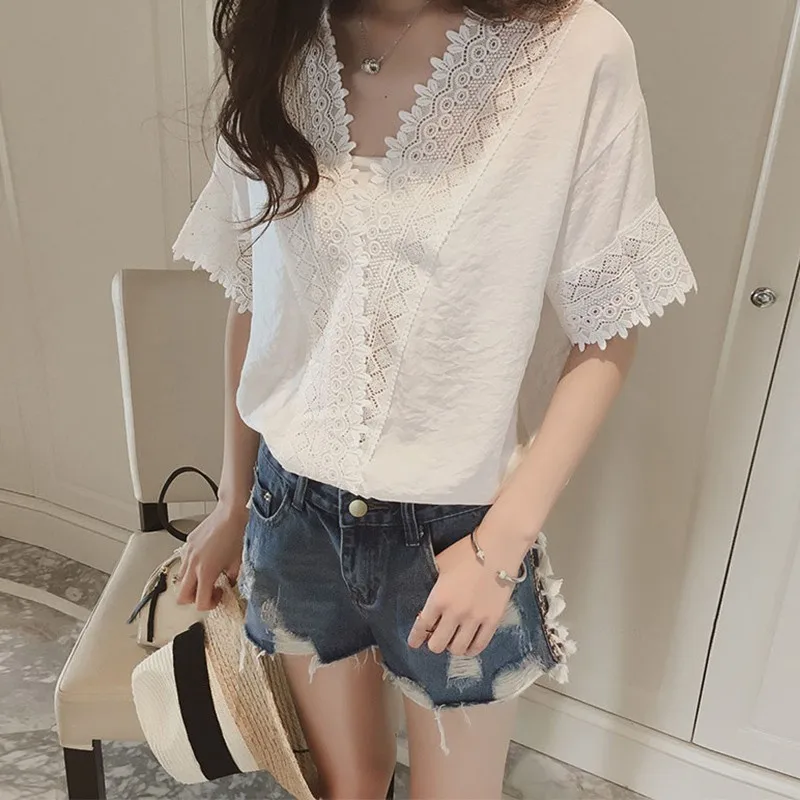 Fashion V neck Blusas Summer Sexy Women Blouses short Sleeve Lace Hollow Out Shirts White Pink Casual OL Tops Blouse
Fashion V neck Blusas Summer Sexy Women Blouses short Sleeve Lace Hollow Out Shirts White Pink Casual OL Tops Blouse