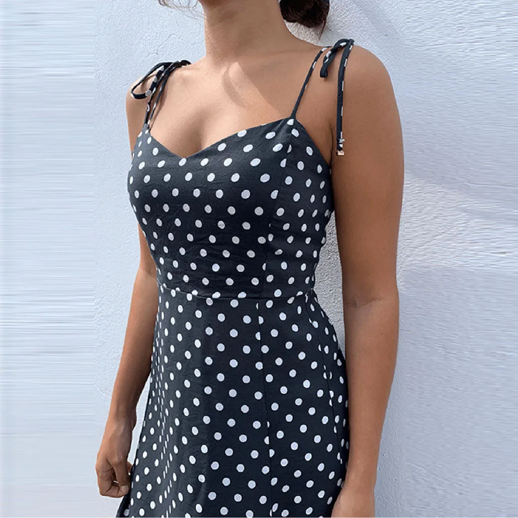 Women Casual Polka Dot Sleeveless High Pleated elastic waist V-Neck Beach Dress JKP4289