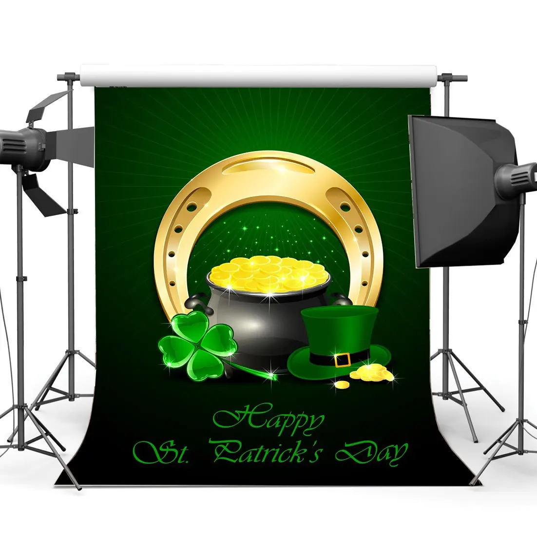 

Happy St.Patrick's Day Backdrop Lucky Irish Shamrock Green Four-leaf Clover Leprechaun's Hat Background