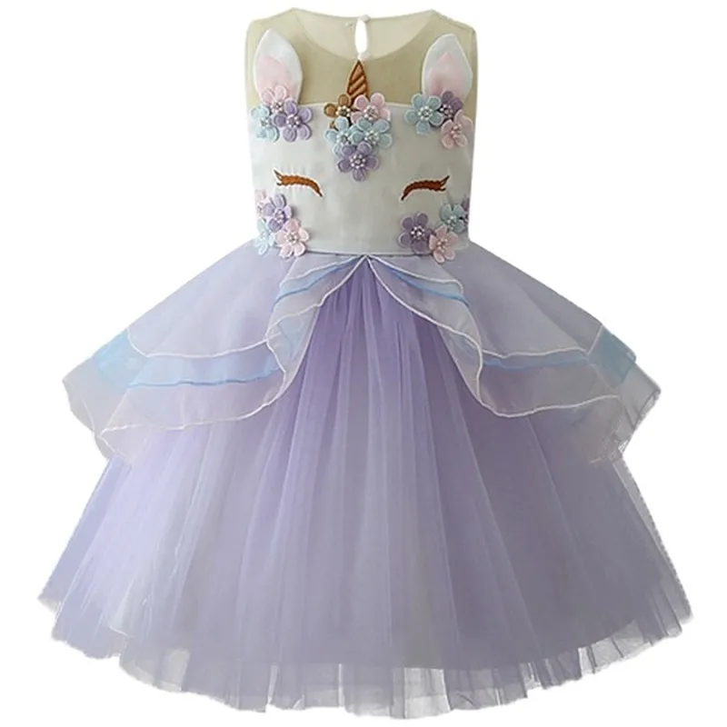 Фото Retail Girls Dress New Unicorn Embroidery Flower Beading Gauzze Princess Children Clothes Baby Party Tulle D0702 | Детская одежда и