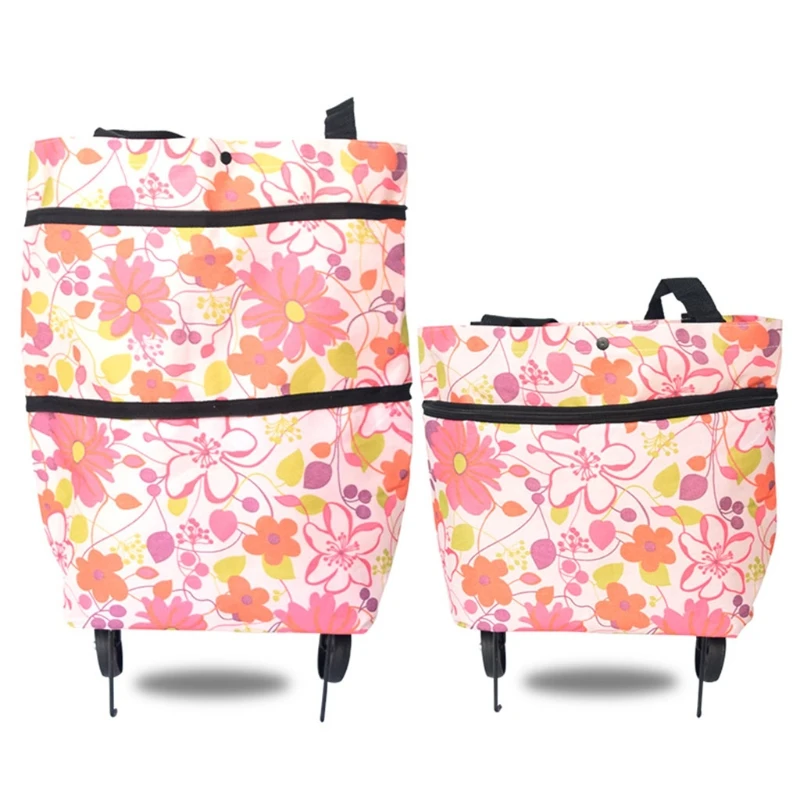 Floral Folding Shopping Bag Reusable Tote Travel Handbag Shoulder With Wheel Large Capacity