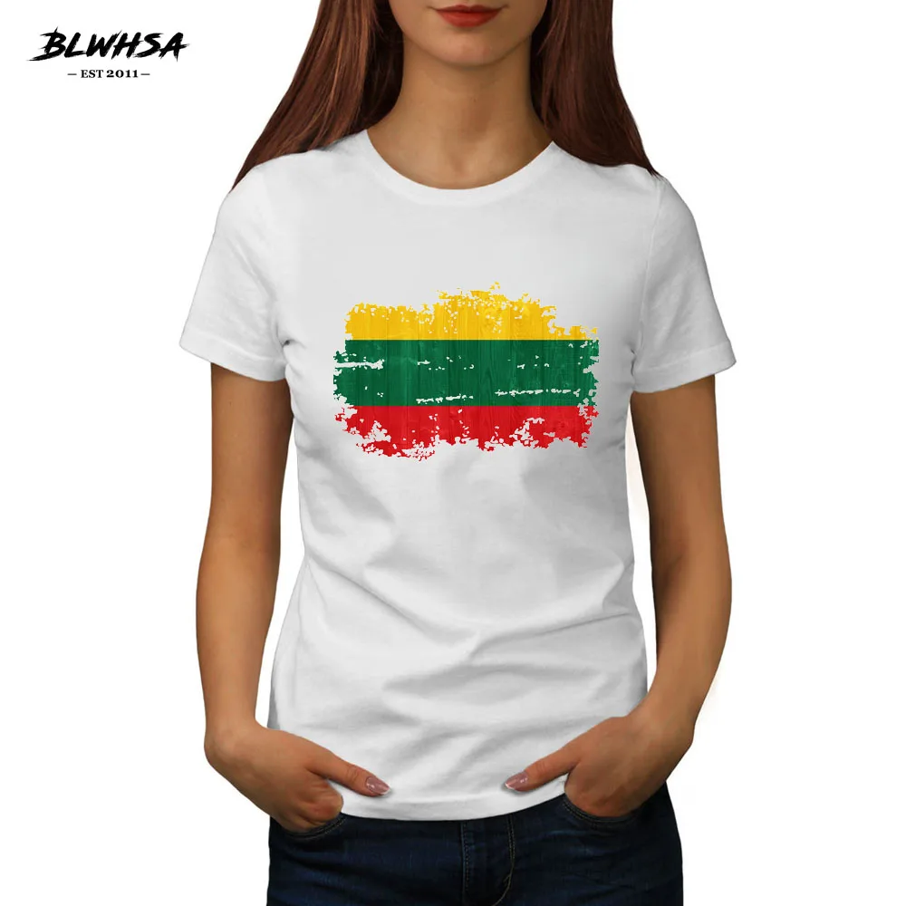 

BLWHSA Summer Tee Top Women Fashion O-Neck Casual Lithuania National Flag High Quality Nostalgic Printed Female T-Shirt