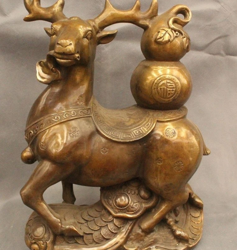 14" Chinese Bronze Wealth Deer Sika deer Bottle gourd Longevity Statue Sculpture
14" Chinese Bronze Wealth Deer Sika deer Bottle gourd Longevity Statue Sculpture