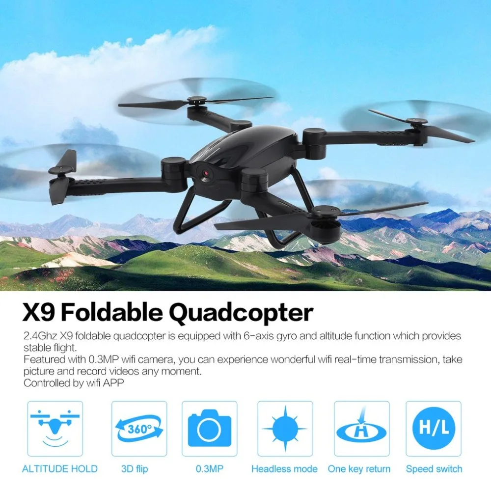 

X9 RC Drone 2.4G FPV Foldable Quadcopter with 0.3MP Wifi Camera Altitude Hold Real-time Headless One Key Take-off/ Landing,
