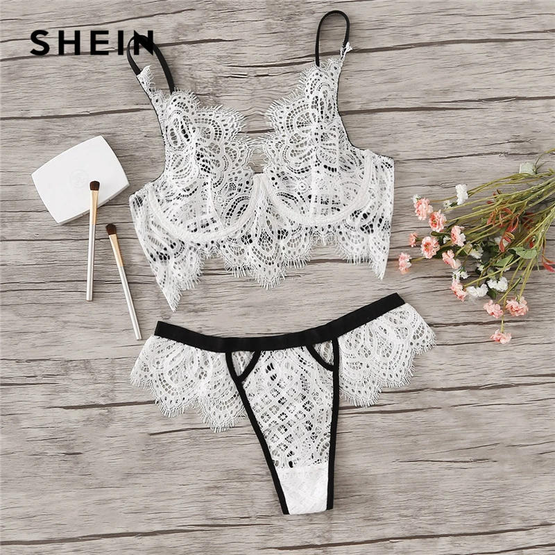 SHEIN White Sexy Eyelash Lace Unlined Lingerie Set Summer Women Wireless Back Closure Bra and Thongs Underwear Lingerie Sets
SHEIN White Sexy Eyelash Lace Unlined Lingerie Set Summer Women Wireless Back Closure Bra and Thongs Underwear Lingerie Sets