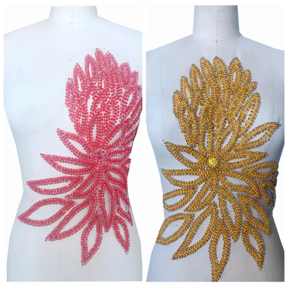 

hand made crystals trim patches golden/red sew on Rhinestones applique on white mesh 41*36cm for dress accessory