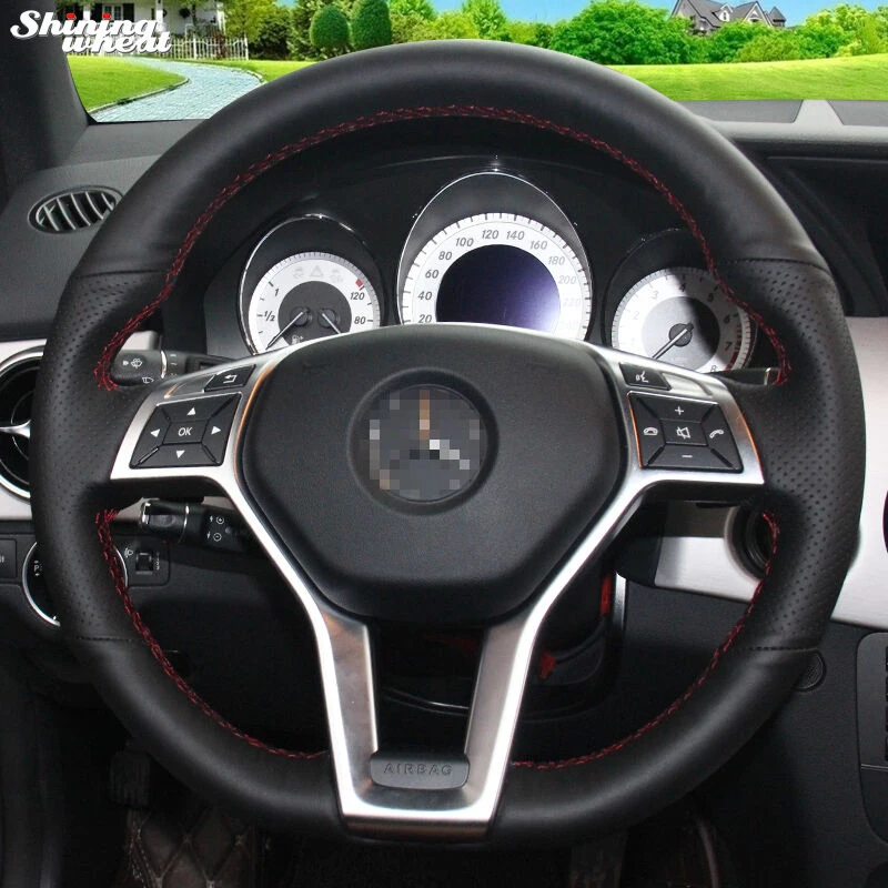 

Shining wheat Hand-stitched Black Genuine Leather Car Steering Wheel Cover for Mercedes-Benz GLK 260 300 200