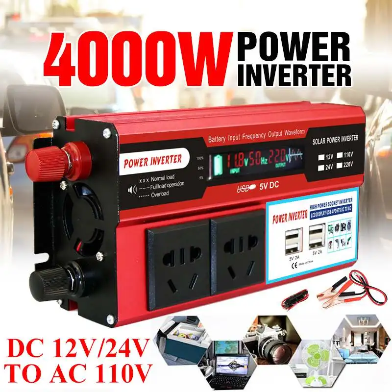 4000W Watt 4 USB LCD Display DC 12/24V to AC 110V Portable Car Power Inverter Charger Converter Adapter Modified Sine Wave
4000W Watt 4 USB LCD Display DC 12/24V to AC 110V Portable Car Power Inverter Charger Converter Adapter Modified Sine Wave