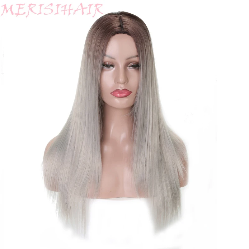 MERISI HAIR Long Straight Black Brown Gray Wigs For Women 24 inch Synthetic Hair High Temperature Fiber Average Size