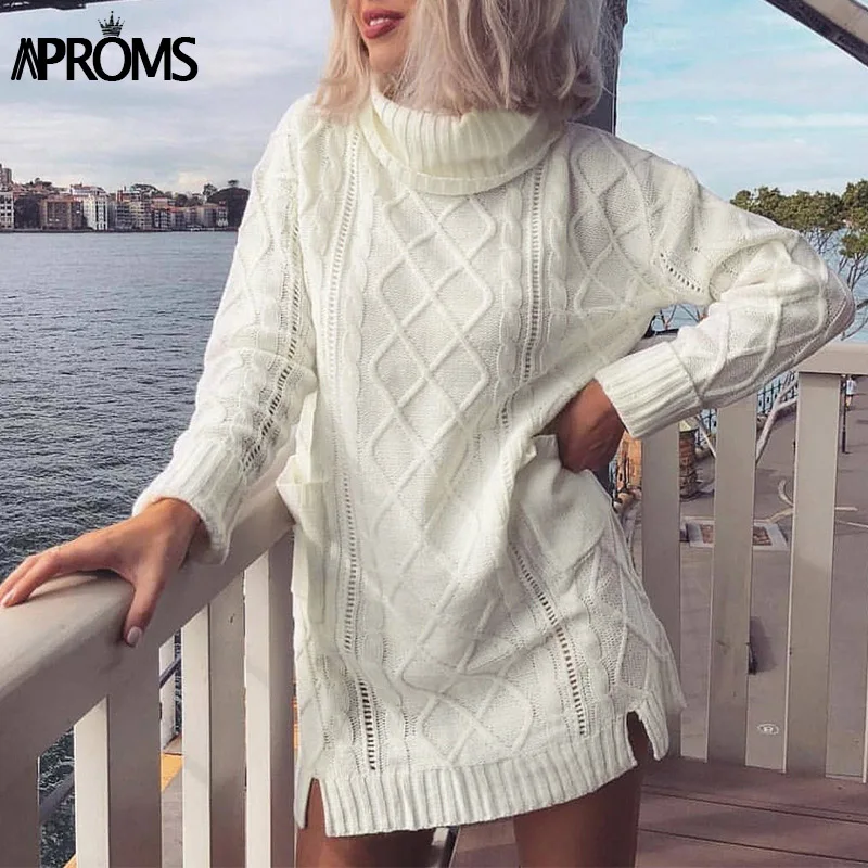 Aproms White Turtleneck Twist Knitted Sweater Women Casual Oversize Pockets Long Pullover Pull Femme Knit Jumper Vestidos 2019
Aproms White Turtleneck Twist Knitted Sweater Women Casual Oversize Pockets Long Pullover Pull Femme Knit Jumper Vestidos 2019