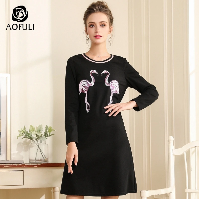 AOFULI crane sequined ladies casual dress new fall long sleeve black dress knee-length straight dress L-3XL 4XL 5XL A3711
AOFULI crane sequined ladies casual dress new fall long sleeve black dress knee-length straight dress L-3XL 4XL 5XL A3711