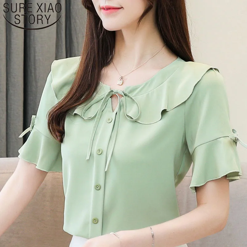 

Fashion women tops and blouse 2019 chiffon blouse ladies tops white shirt bow shirts V-Neck Flare Sleeve short sleeve 3938 50