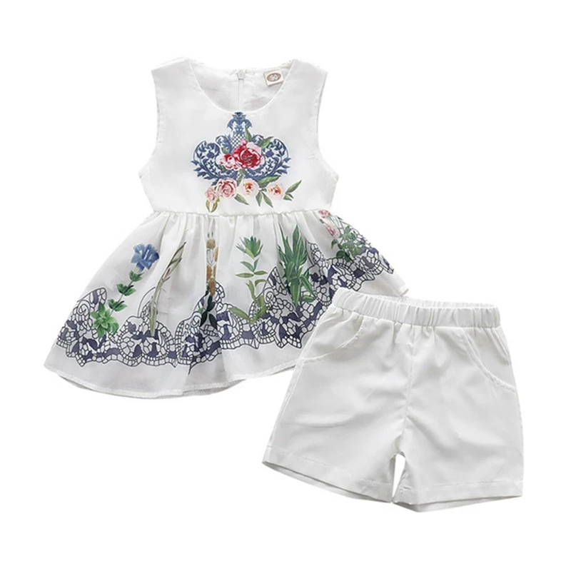 European and American style Summer Baby Girls Casual Sleeveless Floral Print Irregular Dress Tops+Shorts Suits Costume Set 
European and American style Summer Baby Girls Casual Sleeveless Floral Print Irregular Dress Tops+Shorts Suits Costume Set