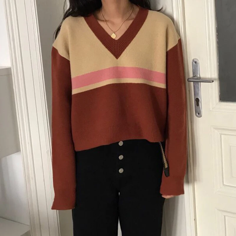 Women'S Sweaters Korea Chic Loose Stripes Block Color V-Neck Jumper Sweater Female Female Japan Harajuku Clothing For Women
Women'S Sweaters Korea Chic Loose Stripes Block Color V-Neck Jumper Sweater Female Female Japan Harajuku Clothing For Women