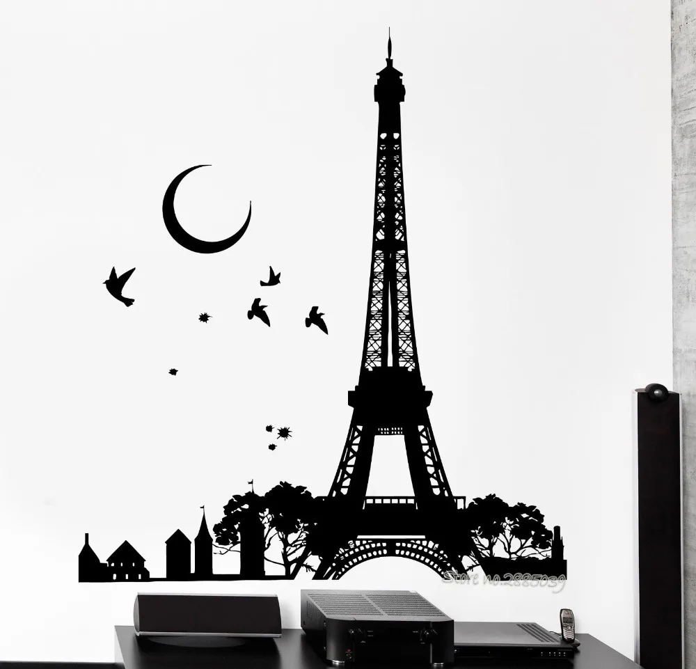 

Wall Decal Romantic Paris France Eiffel Tower Night Moon Birds Vinyl Wall Stickers Wallpaper Art Decor Mural Room Decals LA547