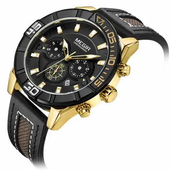 

Fashion Megir Top Brand Mens Sport Leather Clock Quartz Chronograph Analogue Wrist Watches With 24 Hours Display Luminous Hands