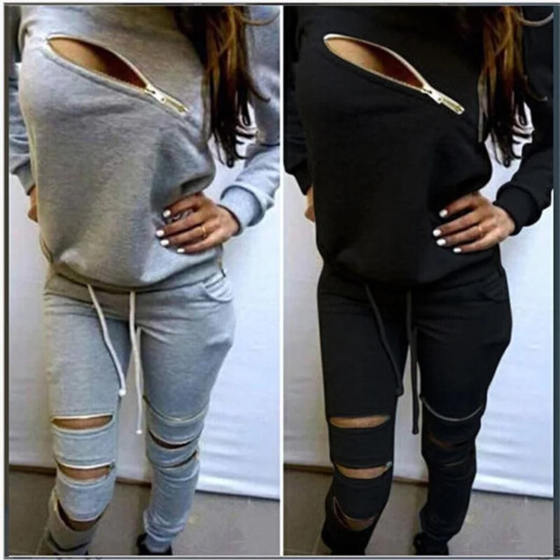 Hoodies Sweatpants Womens Sets Casual 2 Pieces Womens Clothing Spring Tracksuits Sportswear Female Zipper Hole Set