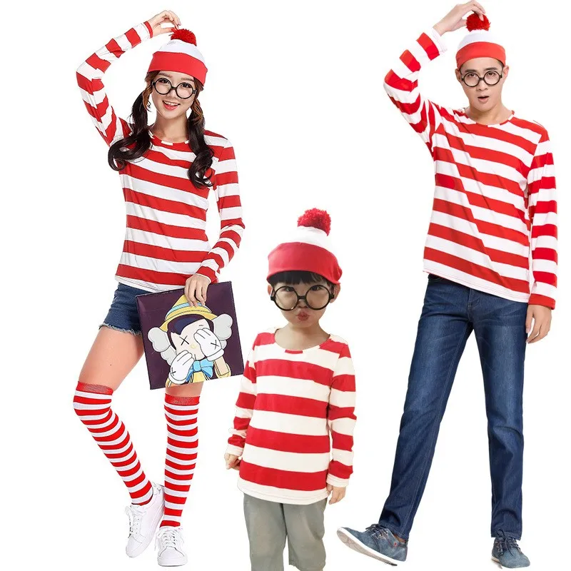 S-XXL Parent-Child Cartoon Where is Wally Waldo Cosplay Costume Red&White Stripe Shirt +Hat +Glasses
S-XXL Parent-Child Cartoon Where is Wally Waldo Cosplay Costume Red&White Stripe Shirt +Hat +Glasses