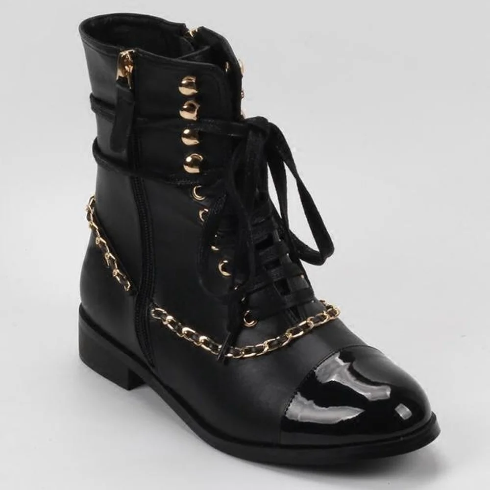 2018 Autumn and Winter New Genuine Leather Chain Flat Bottom Martin Boots Lace-up Mature Sexy Feminine Ankle Women Boots