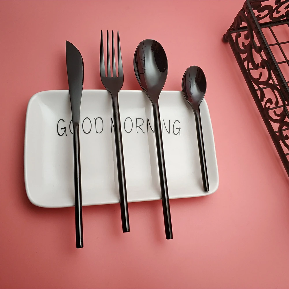Hot Sale 4 pcs Black Dinnerware Stainless Steel Knife Fork Spoon Cutlery Kitchen Food Tableware Talheres Flatware Dining Set
Hot Sale 4 pcs Black Dinnerware Stainless Steel Knife Fork Spoon Cutlery Kitchen Food Tableware Talheres Flatware Dining Set