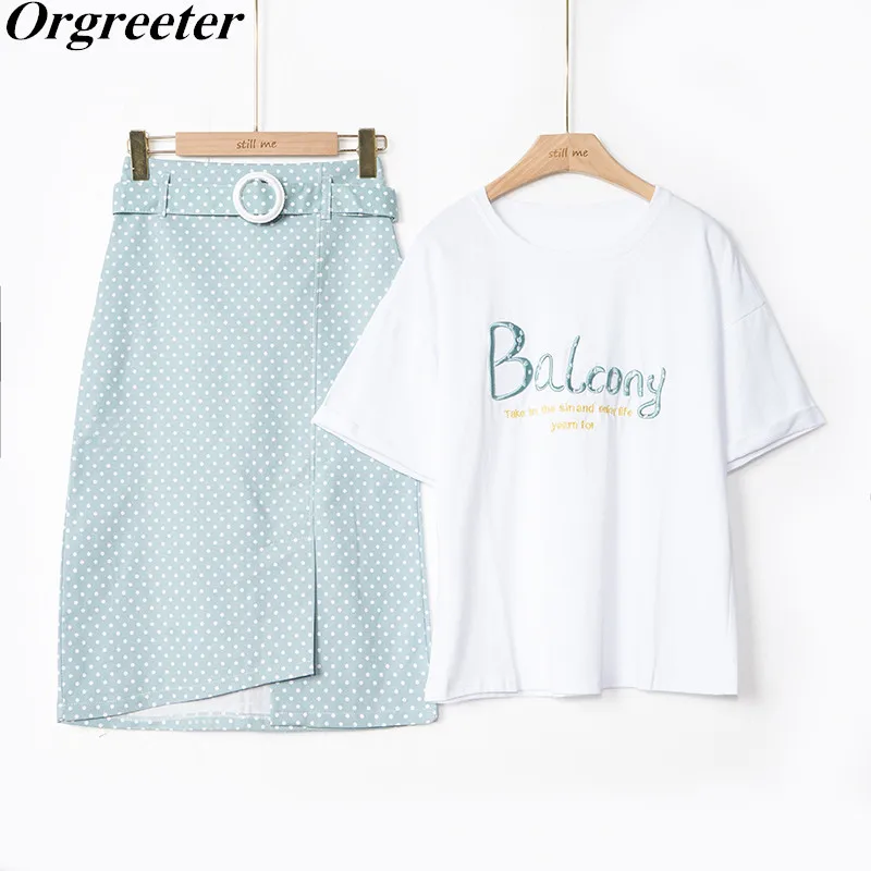 Korean New Dot Skirt Suits Summer Letter Embroidery Tshirts and irregular Polka Dot Bodycon Skirts Casual 2 Pieces Sets Women
Korean New Dot Skirt Suits Summer Letter Embroidery Tshirts and irregular Polka Dot Bodycon Skirts Casual 2 Pieces Sets Women