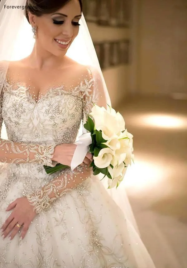 Arabic Dubai Wedding Dresses 2019 Sheer Luxury Lace Beaded Applique Handmade 3D Floral Long Sleeve Cathedral Plus Size Wedding Gowns BA9904 185 (3)