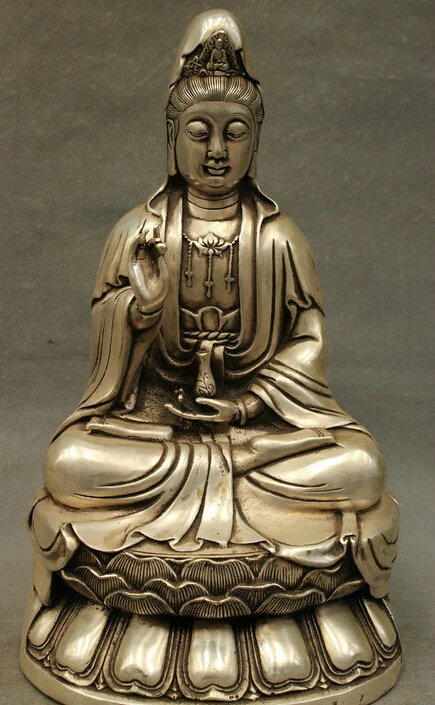 11" Chinese Silver Buddhism Kwan-Yin Goddess Brass Lotus Guan Yin Pot Statue
11" Chinese Silver Buddhism Kwan-Yin Goddess Brass Lotus Guan Yin Pot Statue